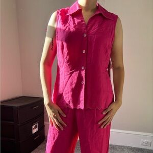 NEW Vintage Y2K Fuchsia linen set button-up embroidered top and capri - Small